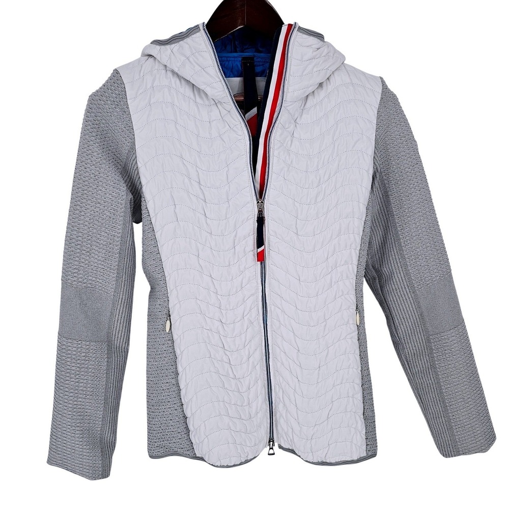 Rossignol Womens Hybrid Puffer Knit Jacket Grey White Hooded Made in Italy Med